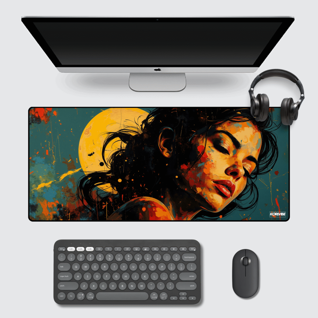 Abstract Female Portrait Gaming Mouse Pad 60×30 cm – expressionist woman’s face in vivid orange and blue tones.