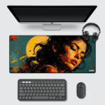 Abstract Female Portrait Gaming Mouse Pad 60×30 cm – expressionist woman’s face in vivid orange and blue tones.