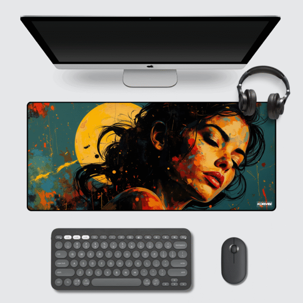 Abstract Female Portrait Gaming Mouse Pad 60×30 cm – expressionist woman’s face in vivid orange and blue tones.