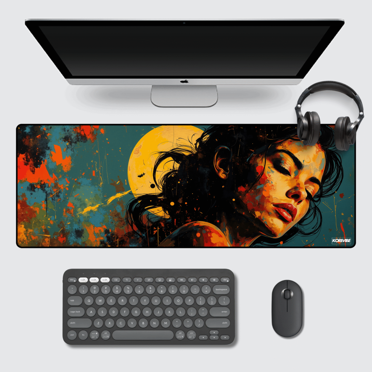 Abstract Female Portrait Gaming Mouse Pad 80×33 cm – bold expressionist art with fiery colors and teal background.