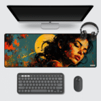 Abstract Female Portrait Gaming Mouse Pad 80×33 cm – bold expressionist art with fiery colors and teal background.