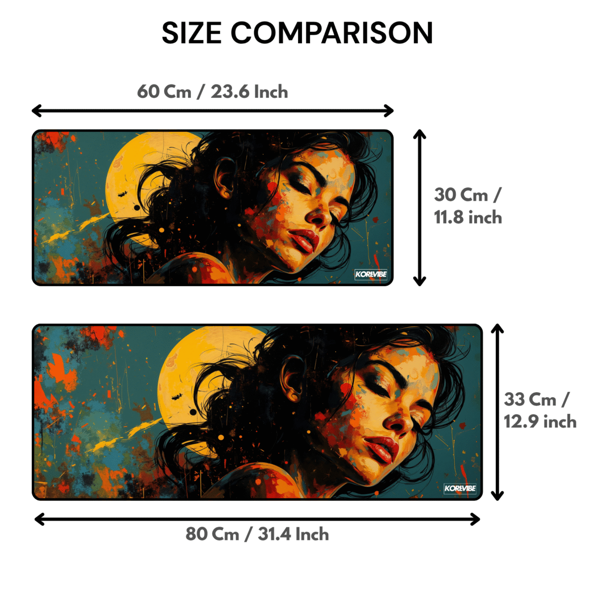 Abstract Female Portrait Gaming Mouse Pad size comparison – available in 60×30 cm and 80×33 cm, 3mm thick.