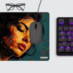 Abstract Female Portrait Gaming Mouse Pad on desk – vibrant female portrait in modern art style.