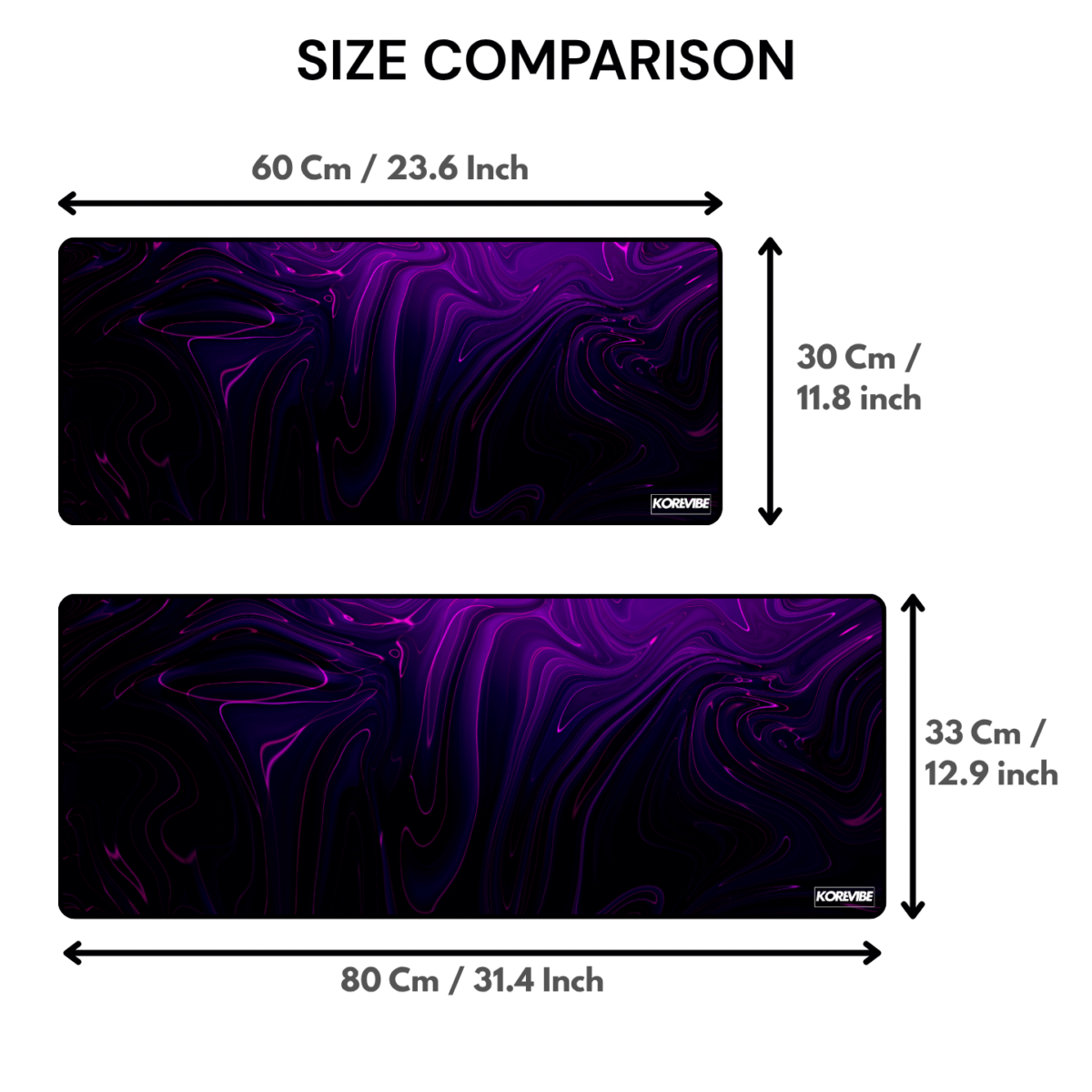 Abstract Liquid Purple Gaming Mouse Pad size comparison – 60×30 cm and 80×33 cm, 3 mm thick