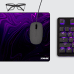 Abstract Liquid Purple Gaming Mouse Pad on desk – neon purple abstract fluid design