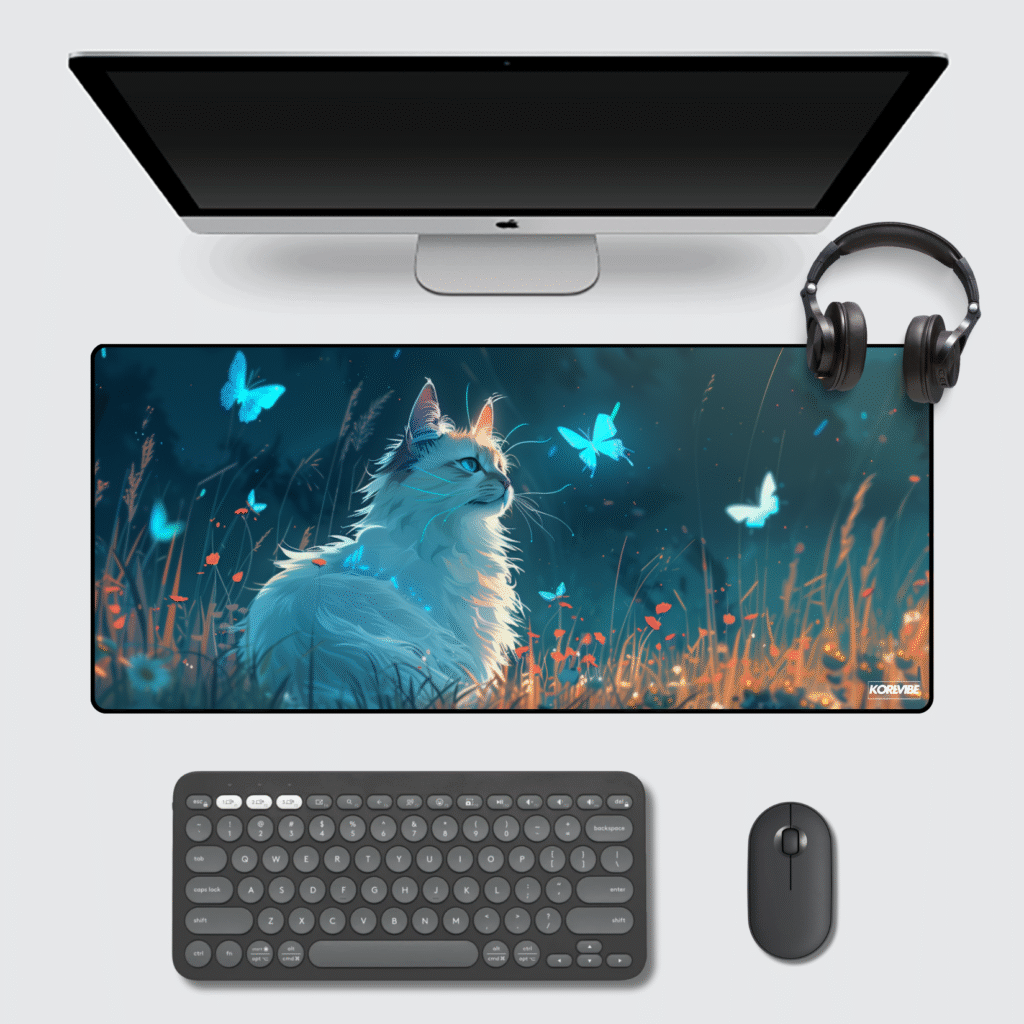 Cat Gaming Mouse Pad 60×30 cm – extended cute cat and butterflies desk mat for gamers and office.