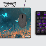 Cat Gaming Mouse Pad on desktop – extended anime-inspired cat and butterflies desk mat for gamers.