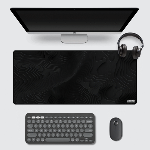 Dark Topography Gaming Mouse Pad 60×30 cm – abstract 3D contour map design, non-slip desk mat