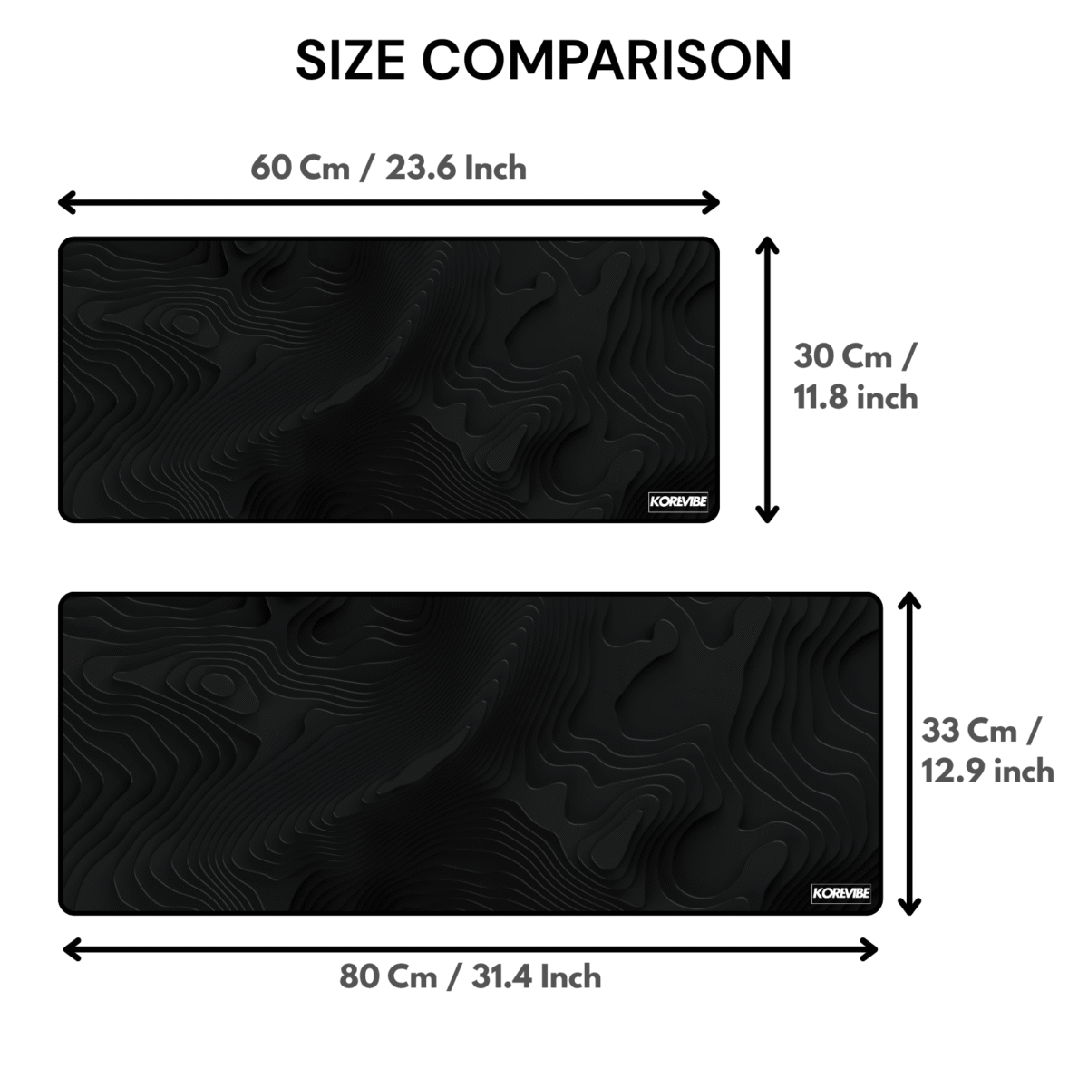 Dark Topography Gaming Mouse Pad size comparison – available in 60×30 cm and 80×33 cm sizes, 3 mm thick