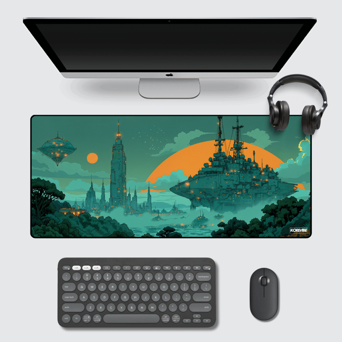 Emerald Cybertown Gaming Mouse Pad 60×30 cm – retro pixel art sci-fi desk mat with 3 mm cushioning