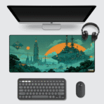 Emerald Cybertown Gaming Mouse Pad 60×30 cm – retro pixel art sci-fi desk mat with 3 mm cushioning