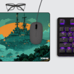 Emerald Cybertown Gaming Mouse Pad on desktop – retro-futuristic pixel cityscape desk mat for gamers