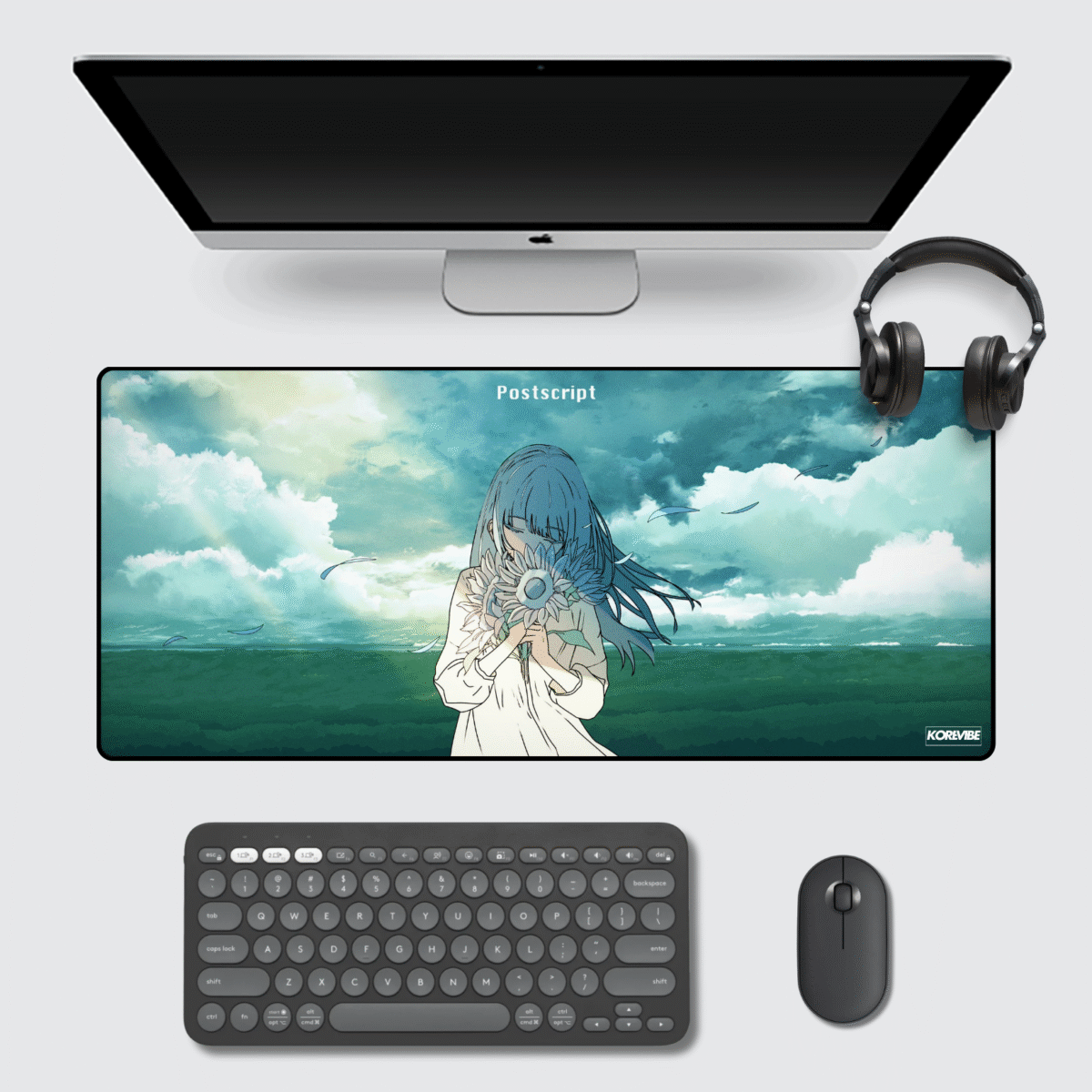 Ethereal Anime Girl Gaming Mouse Pad 60×30 cm – blue-haired anime girl with sunflower, soft aesthetic design