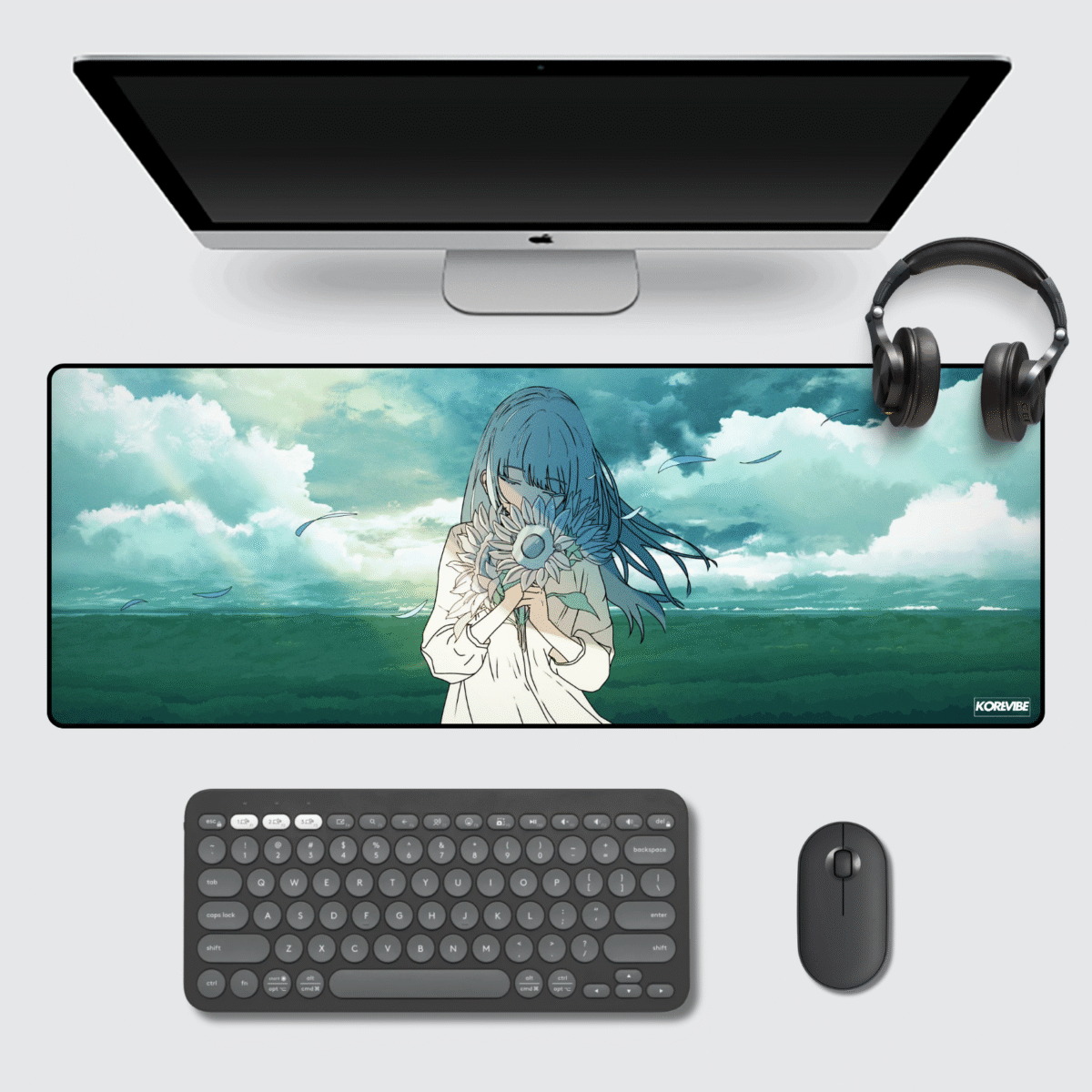 Ethereal Anime Girl Gaming Mouse Pad 80×33 cm – large aesthetic anime art with ocean sky and blue tones.