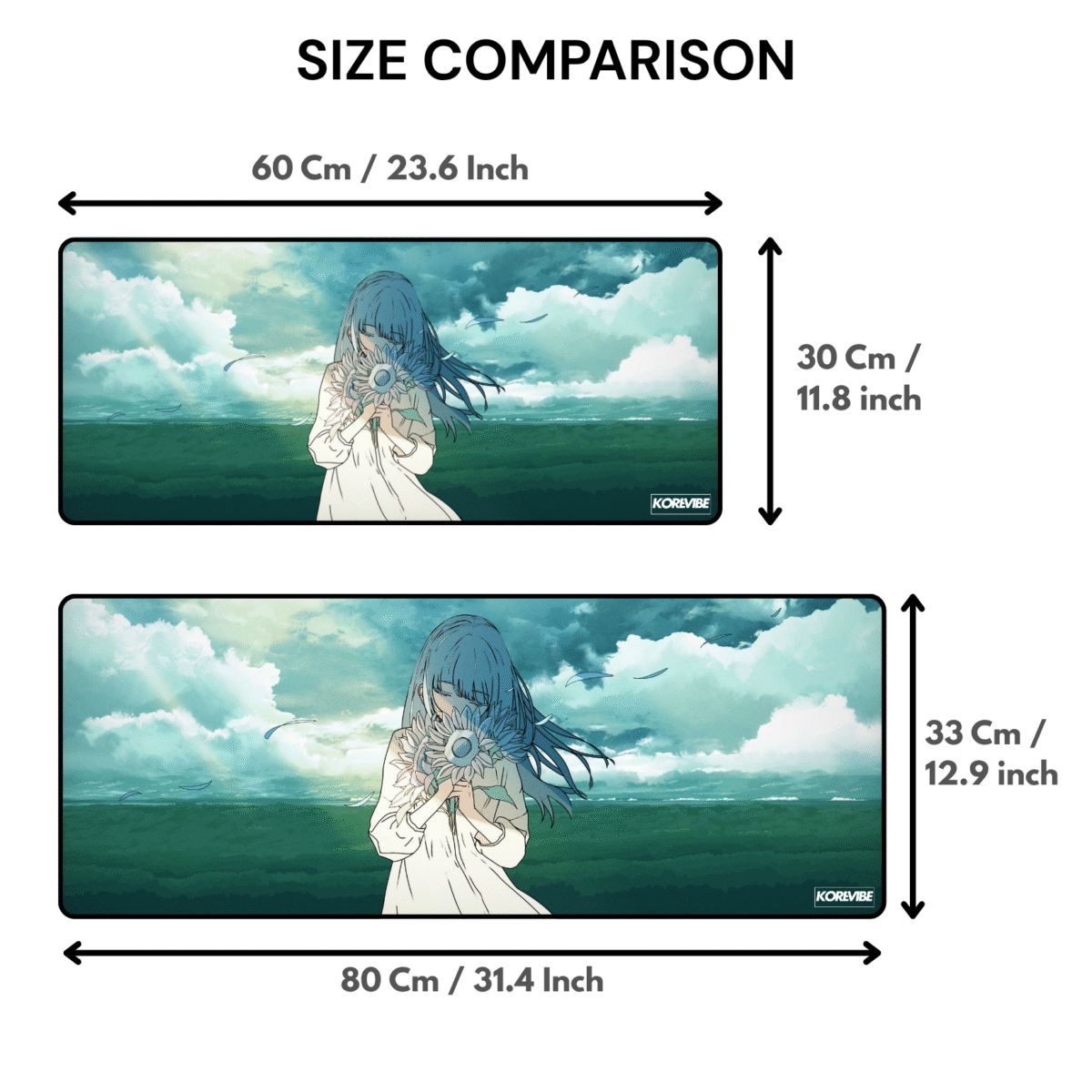 Ethereal Anime Girl Gaming Mouse Pad size comparison – available in 60×30 cm and 80×33 cm, 3mm thick.