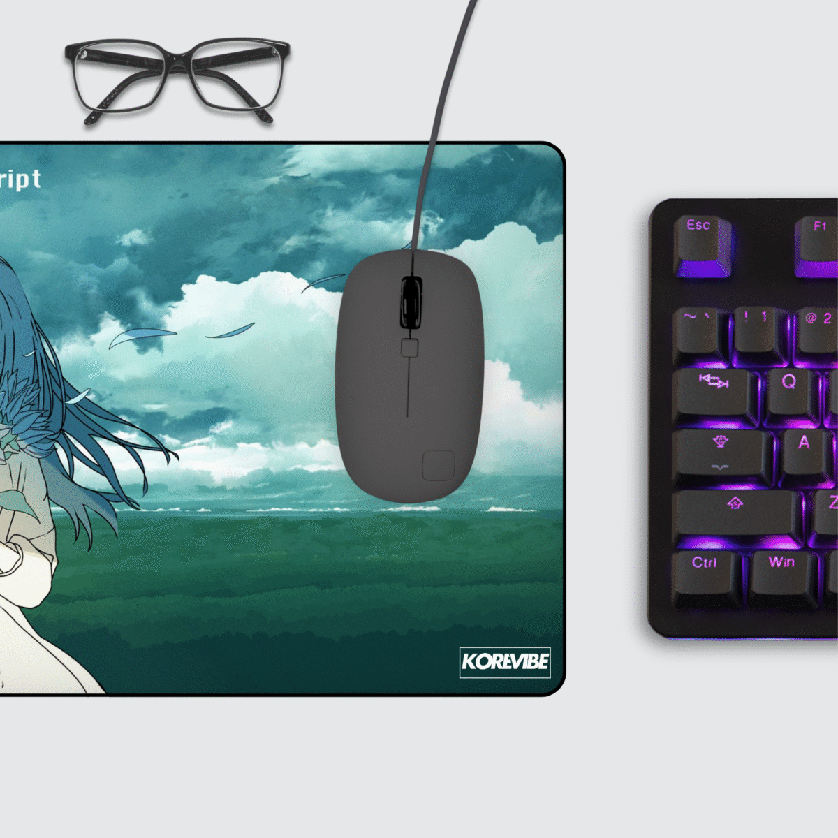 Ethereal Anime Girl Gaming Mouse Pad on desk – anime girl with blue sunflower, soft light, and calm tone.