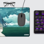 Ethereal Anime Girl Gaming Mouse Pad on desk – anime girl with blue sunflower, soft light, and calm tone.