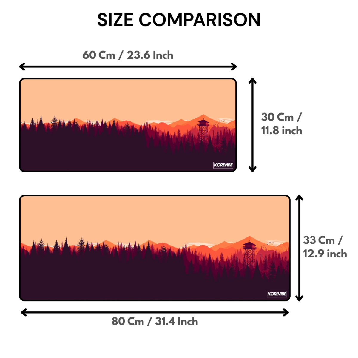 Firewatch Gaming Mouse Pad size comparison – available in 60×30 cm and 80×33 cm, 3 mm thick