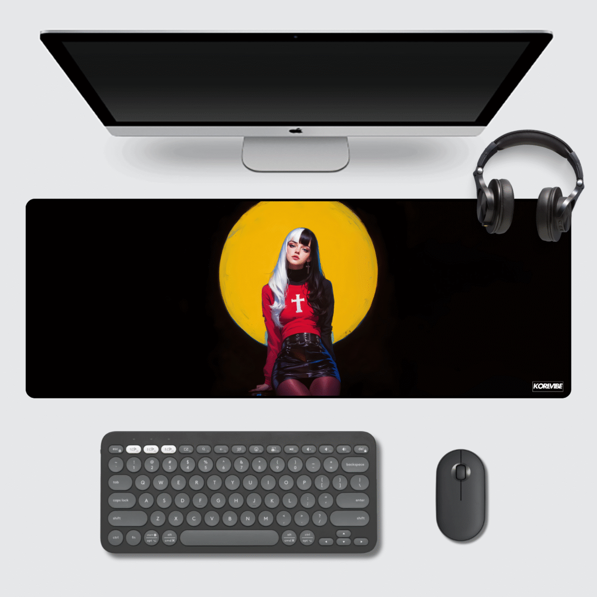 Gothic Anime Girl Gaming Mouse Pad 80×33 cm – XL extended desk mat featuring anime girl gothic art and starry sky reflection.