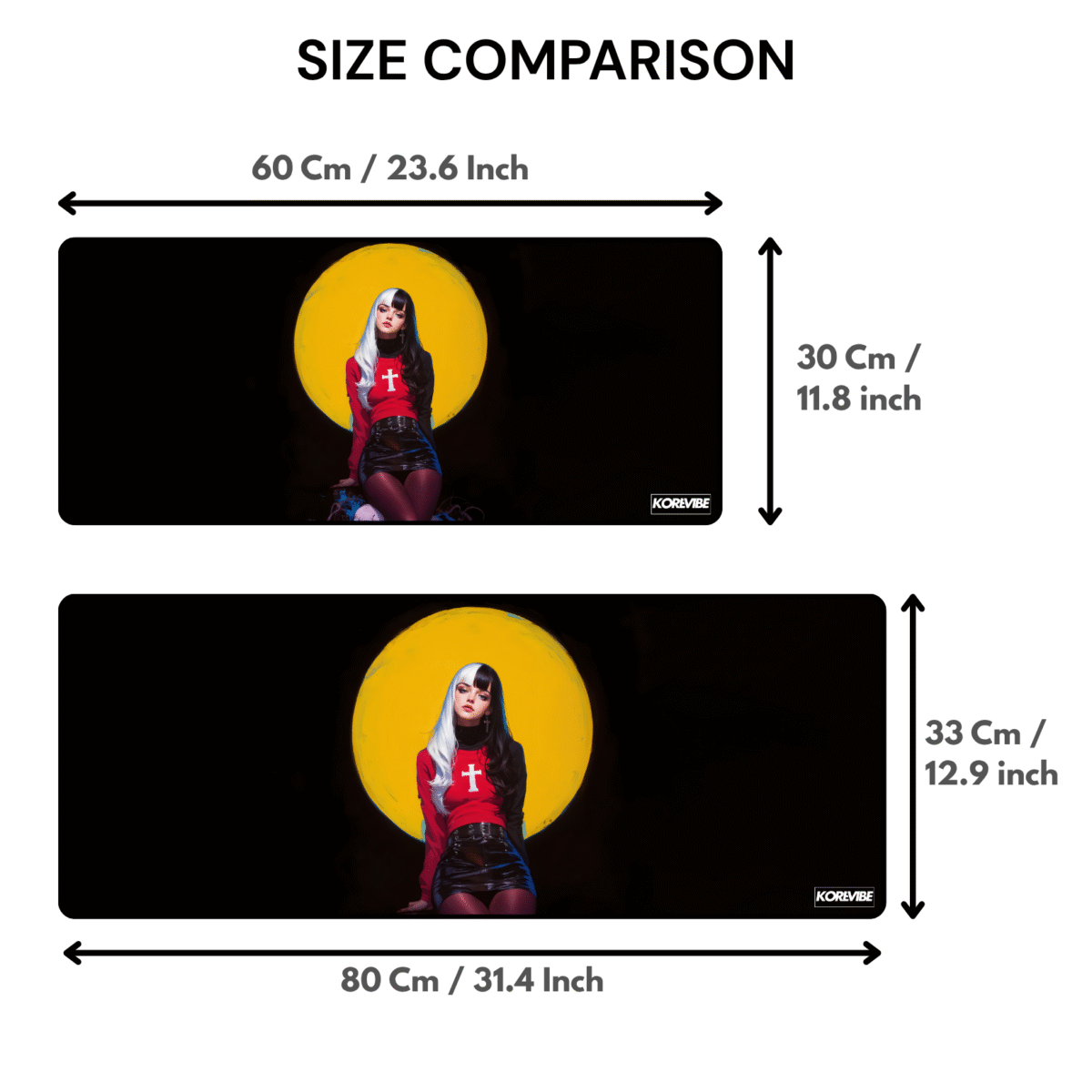 Gothic Anime Girl Gaming Mouse Pad size comparison – available in 60×30 cm and 80×33 cm sizes.