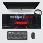 Ambition is Priceless Lamborghini Aventador Gaming Mouse Pad 80×33 cm – XL extended racing desk mat with supercar art.