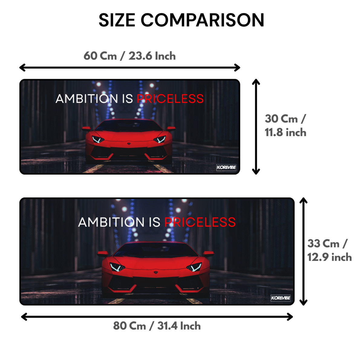 Ambition is Priceless Lamborghini Aventador Gaming Mouse Pad size comparison – available in 60×30 cm and 80×33 cm options.