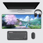 Extra-large 80×33 cm anime gaming mouse pad with cherry blossom art – non-slip extended desk mat for gamers.