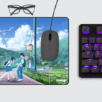 Large anime gaming mouse pad on desk setup with keyboard and mouse – Japanese cherry blossom art aesthetic.