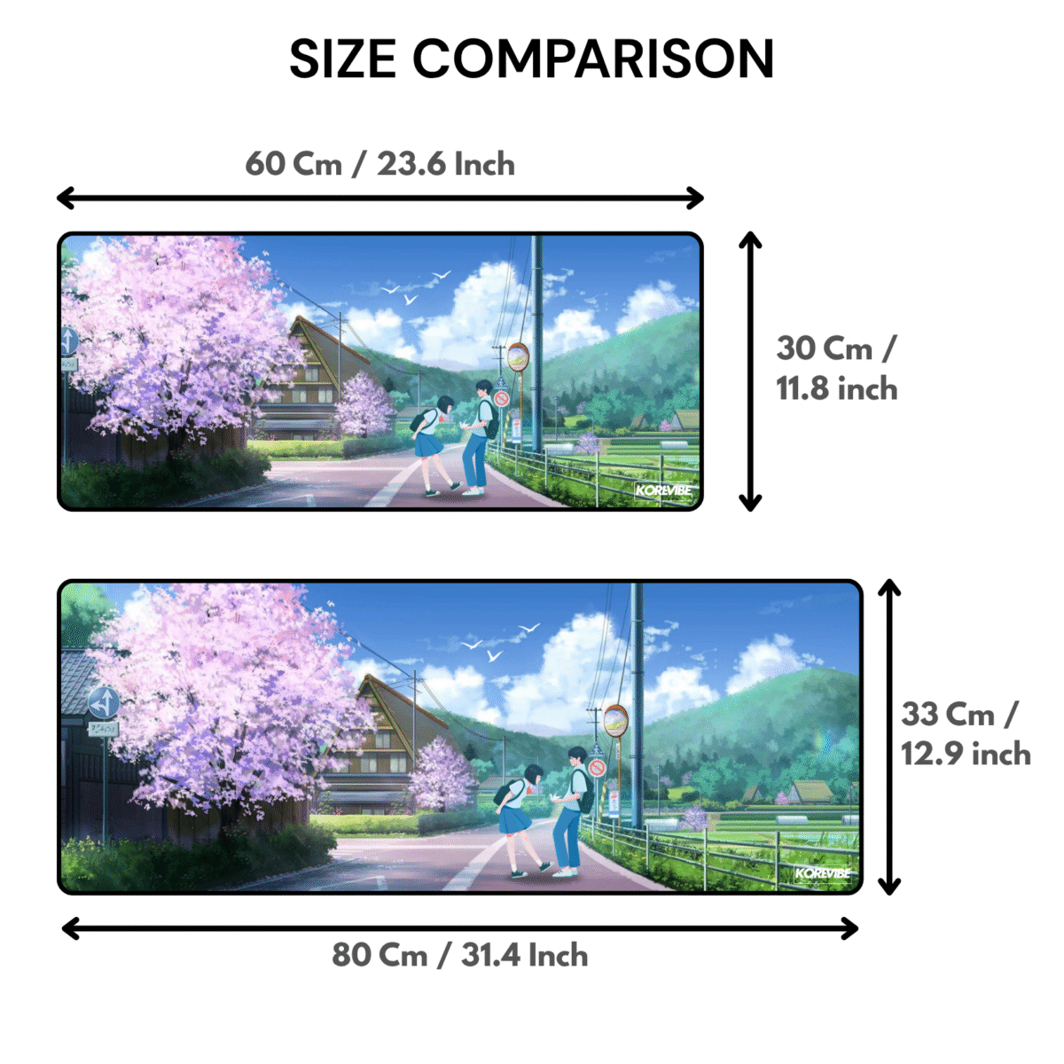 Anime gaming mouse pad size comparison between 60×30 cm and 80×33 cm – extended desk mat options.