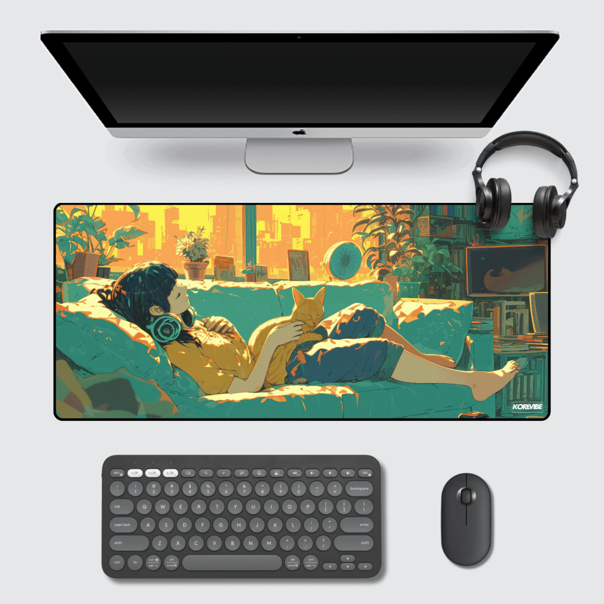 Anime Girl Gaming Mouse Pad 60×30 cm – extended Lofi Girl desk mat with cozy anime girl and cat art.