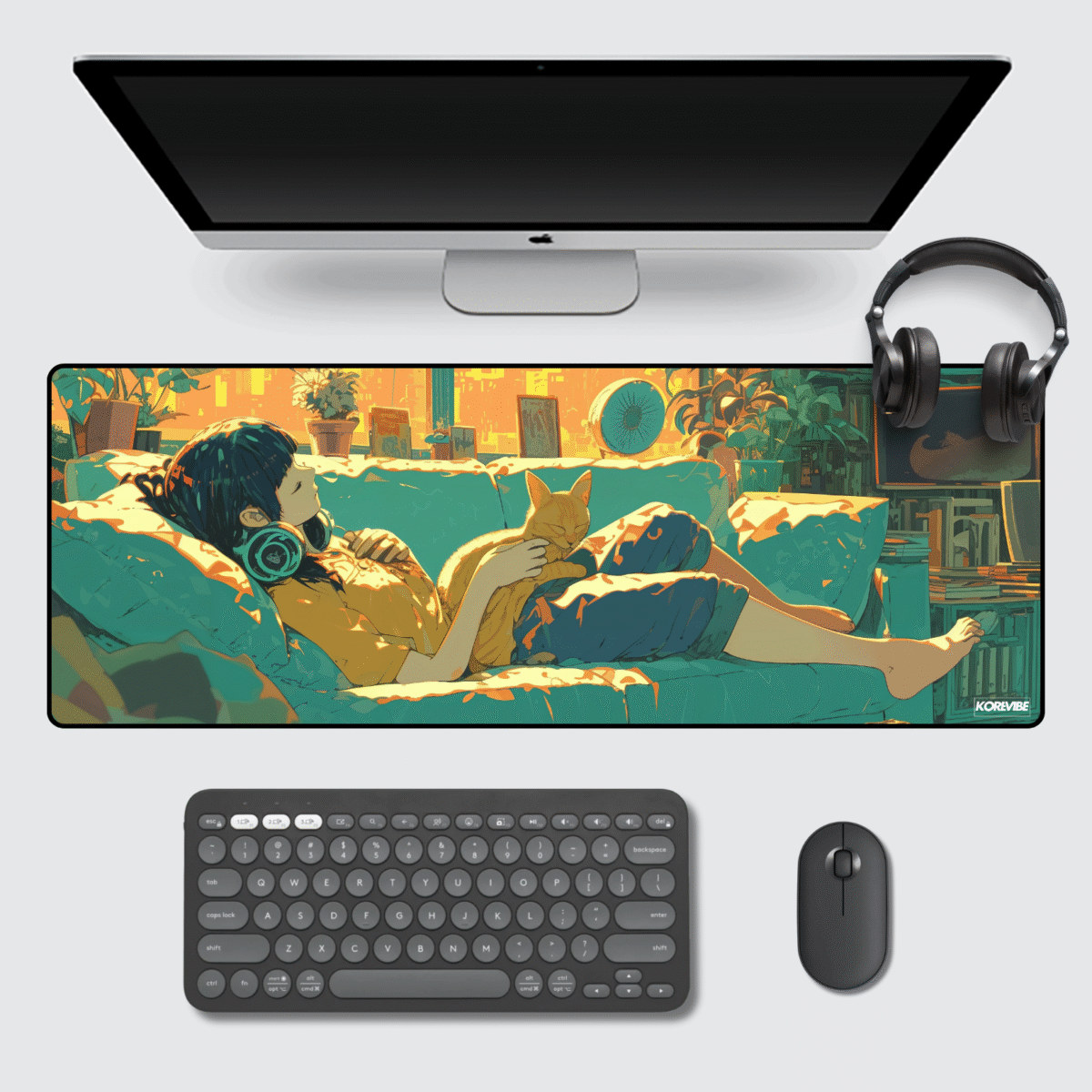 Anime Girl Gaming Mouse Pad 80×33 cm – XL extended Lofi Girl desk mat with cat and sunlight background.
