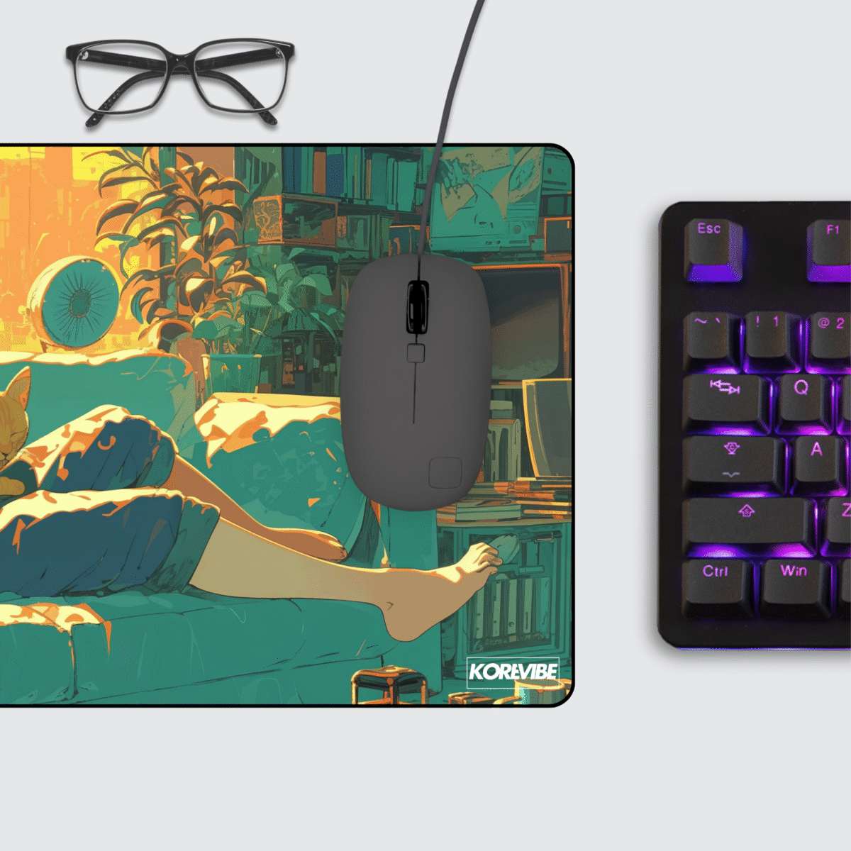 Anime Girl Gaming Mouse Pad on desktop – cozy Lofi Girl scene for gaming or office setup.