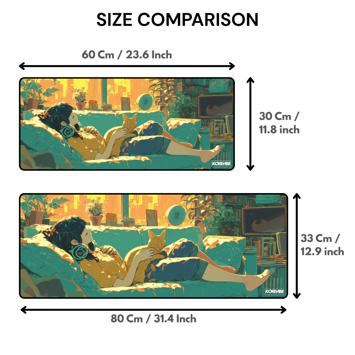 Anime Girl Gaming Mouse Pad size comparison – available in 60×30 cm and 80×33 cm sizes.