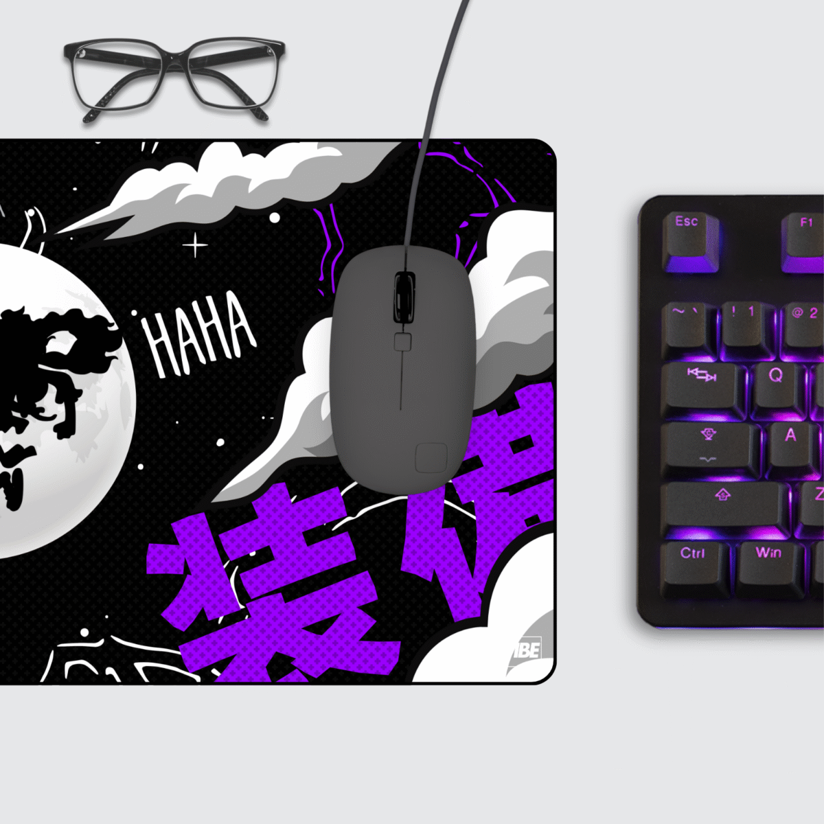 Luffy Gear 5 Mouse Pad on desktop – extended anime gaming mat with stitched edges and strong grip.