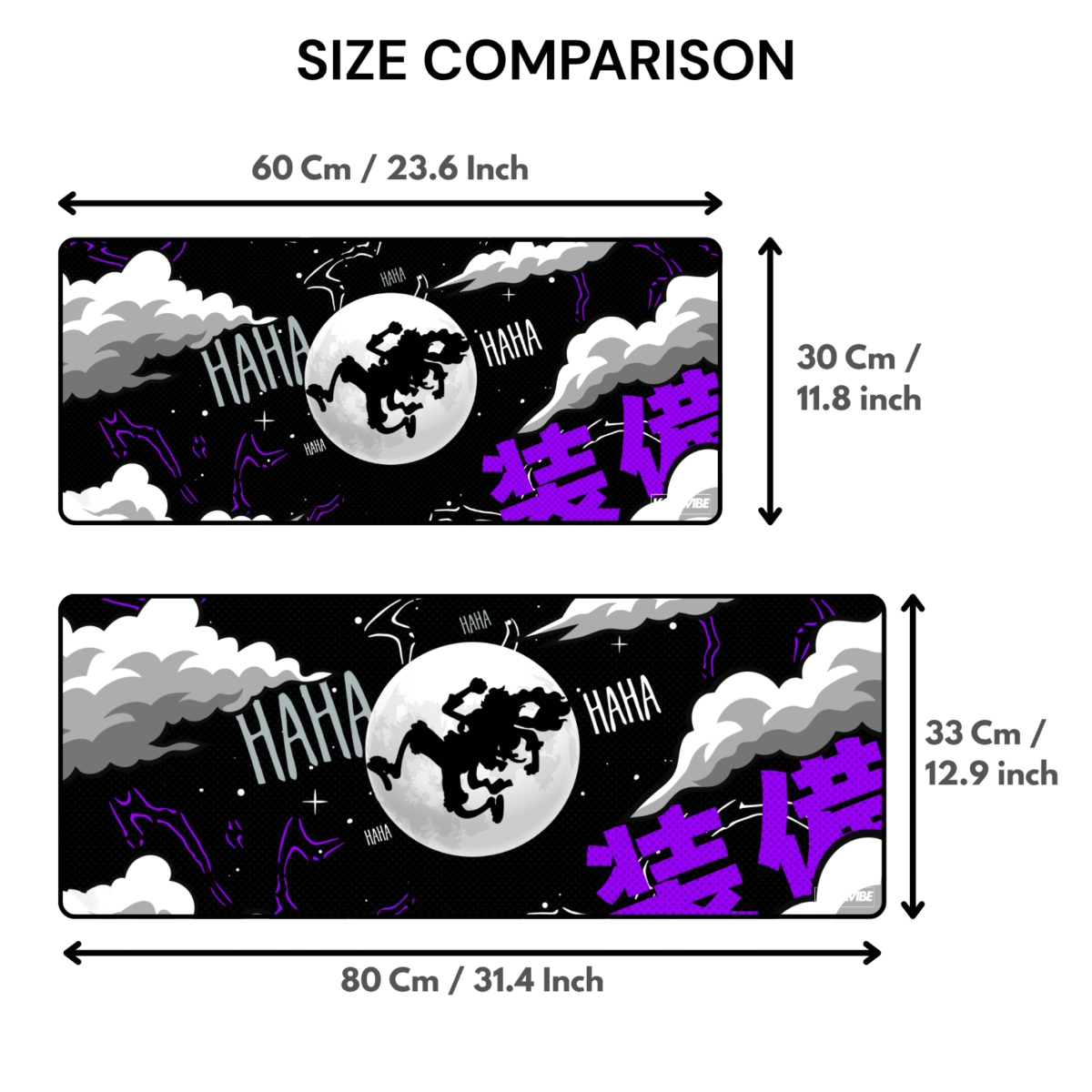 Luffy Gear 5 Mouse Pad size comparison – available in 60×30 cm and 80×33 cm sizes, 3mm thick.