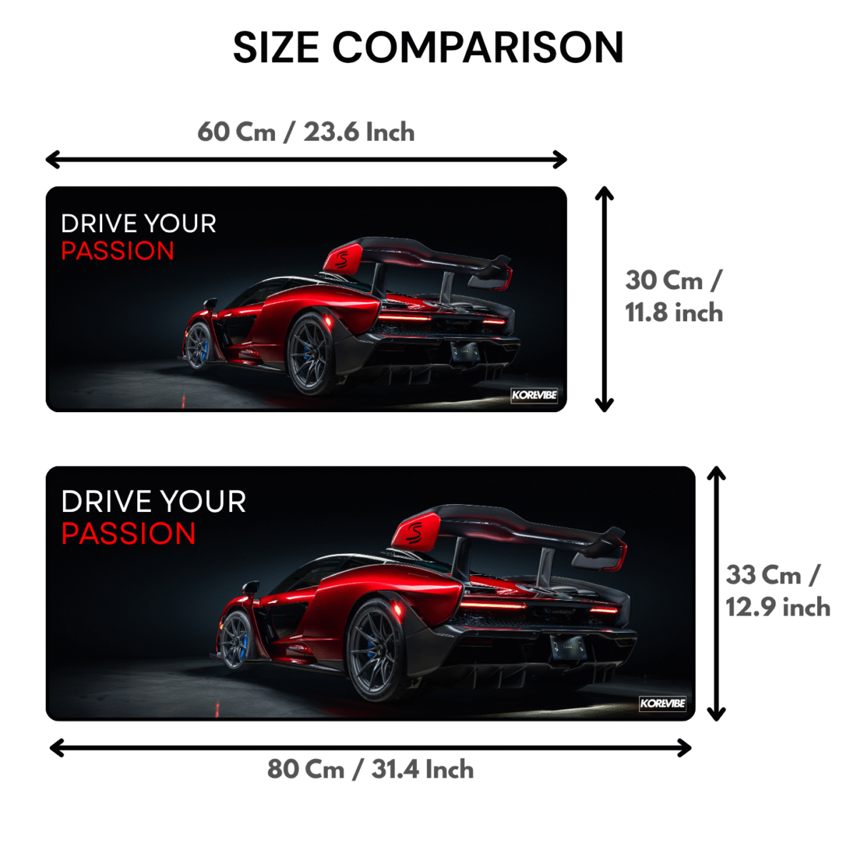 Drive Your Passion McLaren Gaming Mouse Pad size comparison – available in 60×30 cm and 80×33 cm sizes.