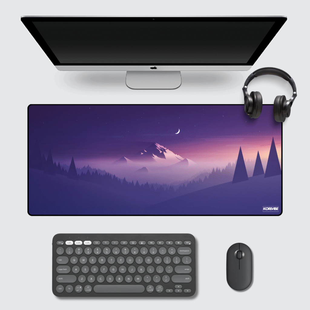 Minimalist gaming mouse pad 60×30 cm – extended purple mountain desk mat with synthwave art for PC and office setups.
