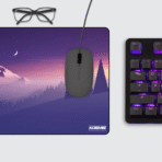 Minimalist gaming mouse pad on desk setup with keyboard and mouse – retro synthwave purple mountain art aesthetic.
