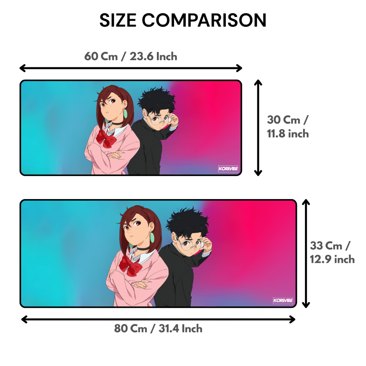 Momo and Okarun Dandadan Gaming Mouse Pad size comparison – 60 × 30 cm vs 80 × 33 cm extended desk mats