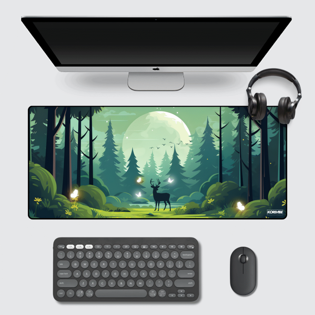 Moonlit Forest Gaming Mouse Pad 60×30 cm – minimalist nature art desk mat with 3 mm thickness