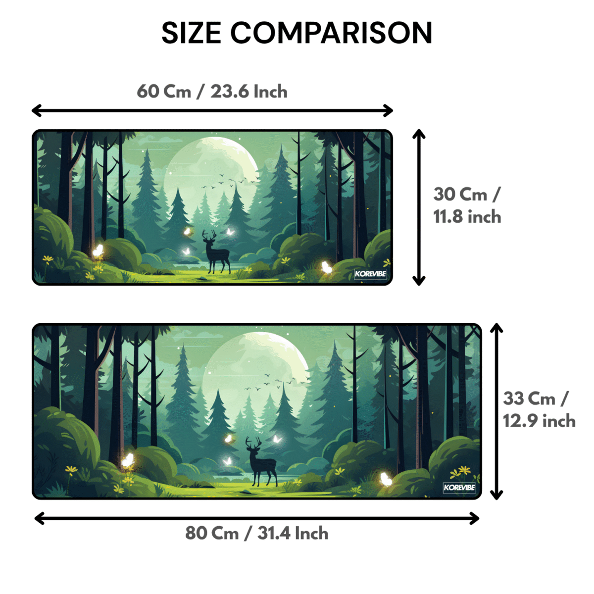 Moonlit Forest Gaming Mouse Pad size comparison – available in 60×30 cm and 80×33 cm sizes, 3 mm thick