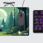 Moonlit Forest Gaming Mouse Pad on desktop – extended non-slip minimalist forest art desk mat