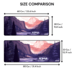 Mountain Landscape Gaming Mouse Pad size comparison – available in 60×30 cm and 80×33 cm, 3mm thick.