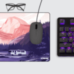 Mountain Landscape Gaming Mouse Pad on desk – nature-inspired design for gamers and professionals.
