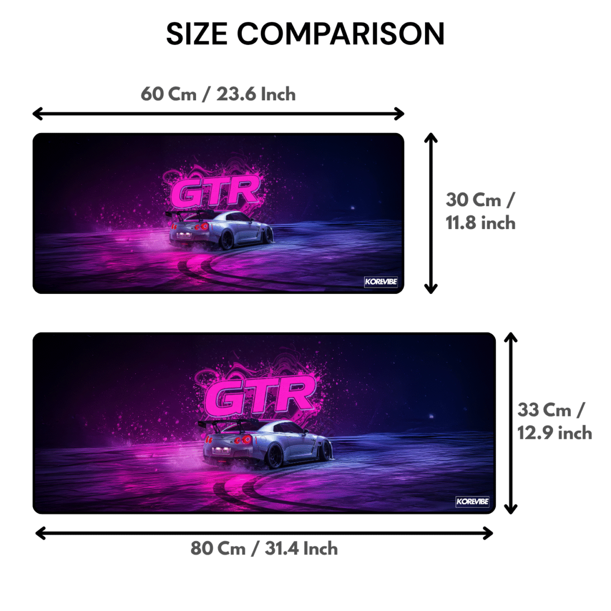 Nissan GTR Gaming Mouse Pad size comparison – available in 60×30 cm and 80×33 cm sizes, 3 mm thick
