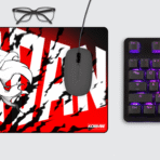 Okarun Dandadan Gaming Mouse Pad on desktop gaming setup with keyboard and mouse