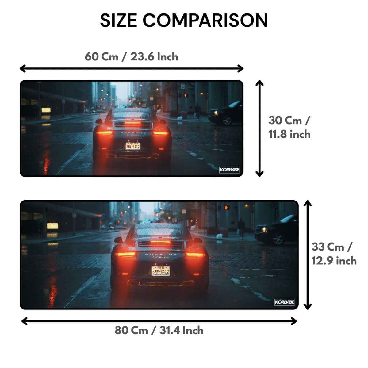 Porsche 911 Carrera Gaming Mouse Pad size comparison – available in 60×30 cm and 80×33 cm sizes.