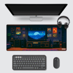 Retro Game Room Gaming Mouse Pad 60×30 cm – lo-fi pixel art desk mat featuring cozy 80s media room design.
