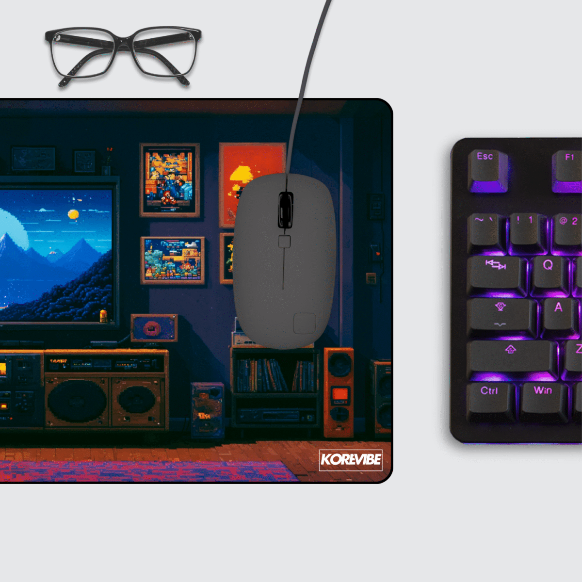 Retro Game Room Gaming Mouse Pad on desktop – vintage pixel art design for gaming and workspaces.