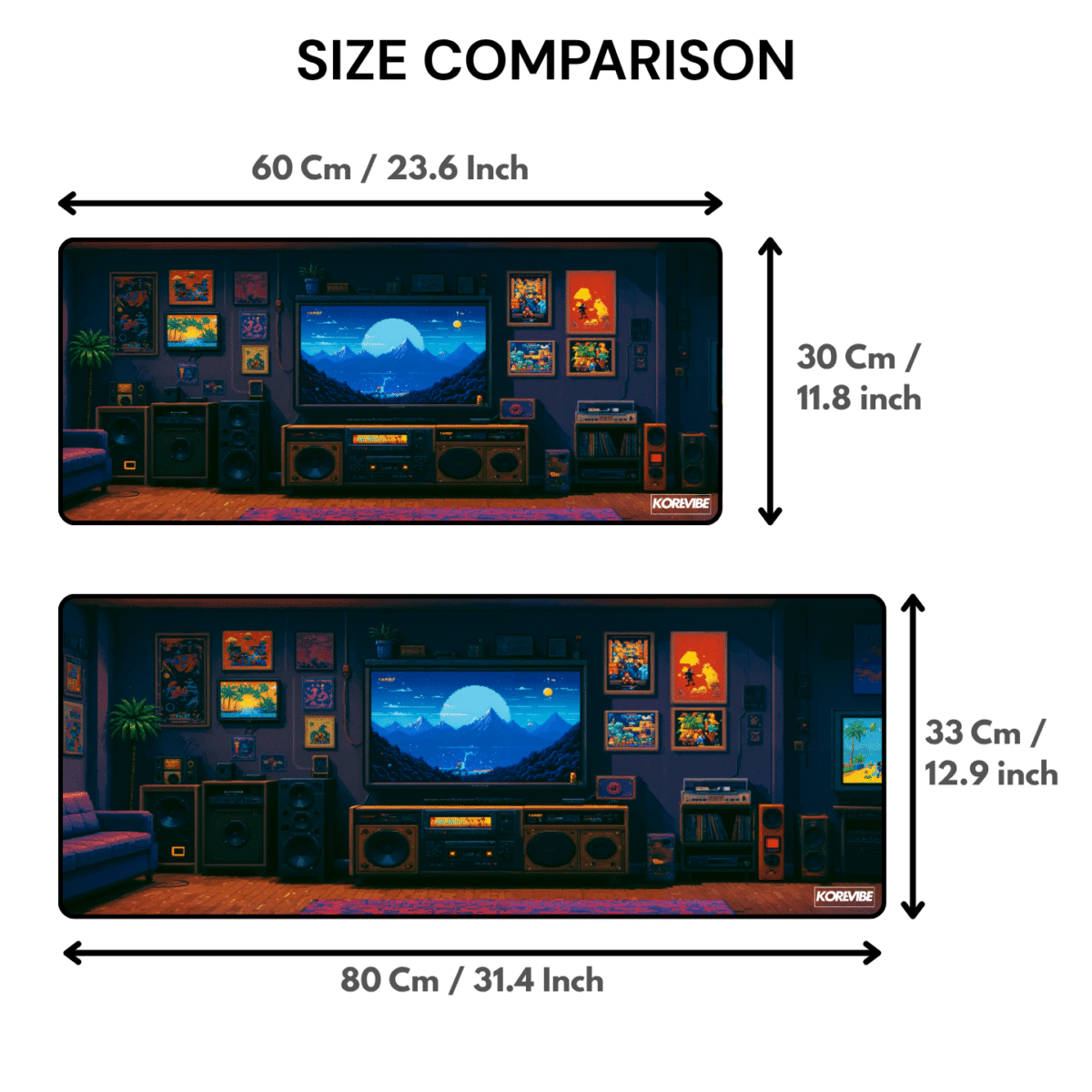 Retro Game Room Gaming Mouse Pad size comparison – available in 60×30 cm and 80×33 cm, 3 mm thick.